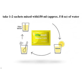VitaSeek Poudre de Vitamine C 1000mg sachets individuels sur une table