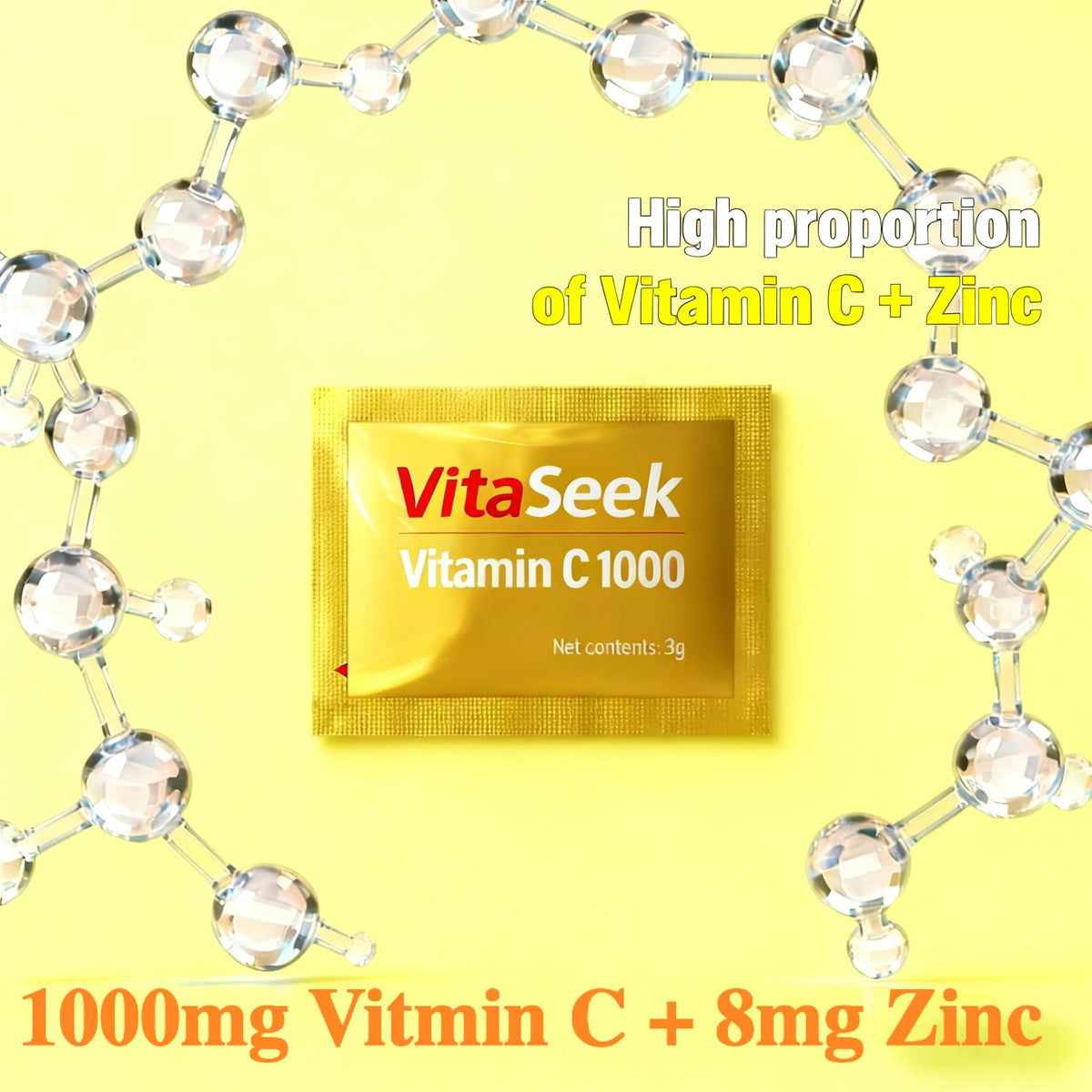 VitaSeek Poudre de Vitamine C 1000mg sachets sur une table