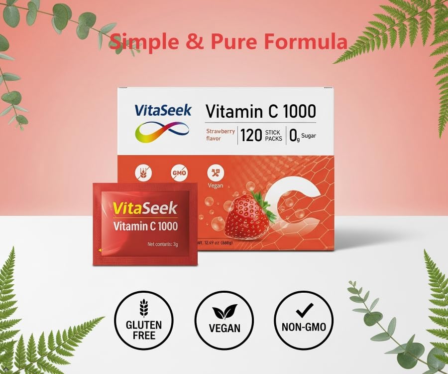 VitaSeek Poudre de Vitamine C sachets individuels avec un verre d'eau