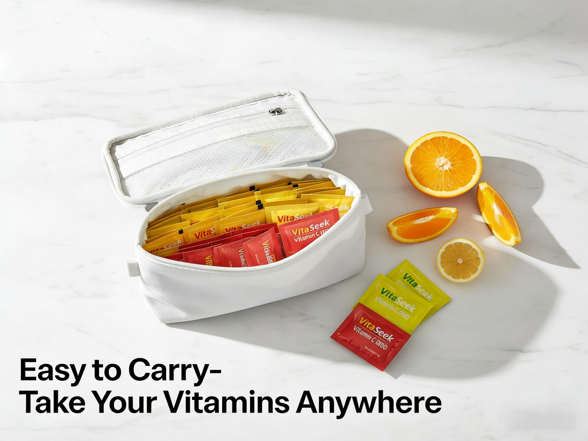 VitaSeek sachets de Vitamine C avec fruits frais en arrière-plan