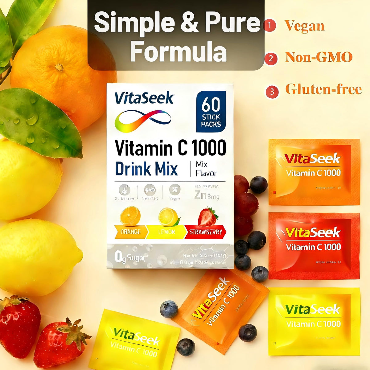 VitaSeek sachets de Vitamine C avec saveurs de fruits mélangés
