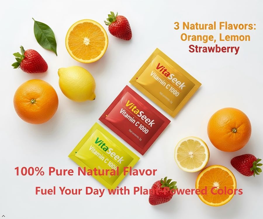 VitaSeek sachets de Vitamine C sur une table avec un verre d'eau