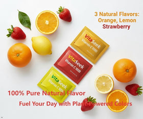 VitaSeek sachets de Vitamine C sur une table avec un verre d'eau