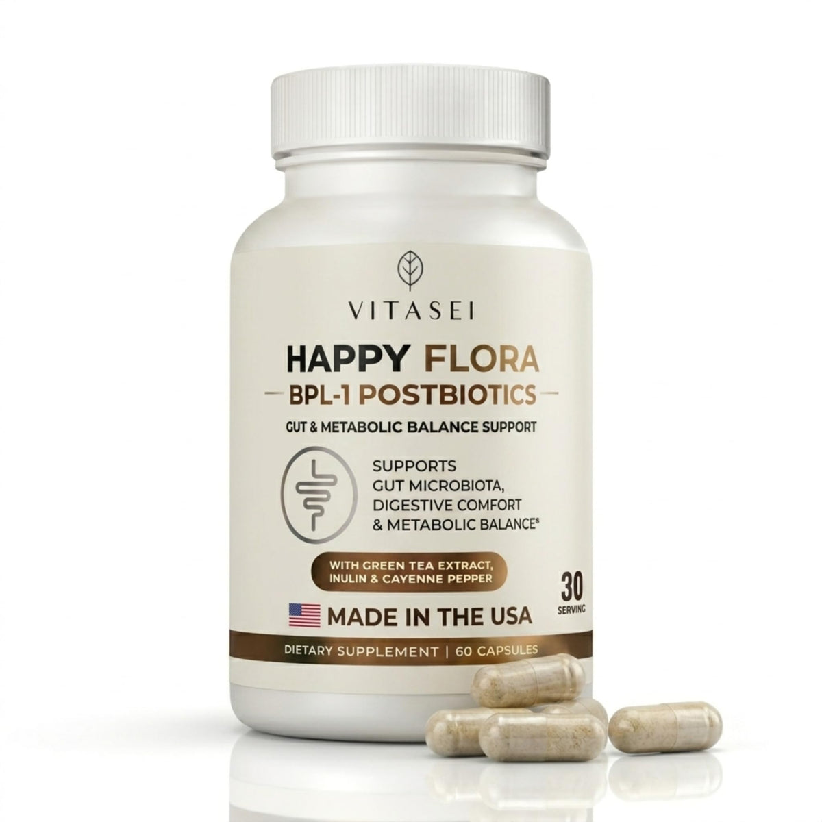 VITASEI Happy Flora BLP1 complément alimentaire postbiotique, flacon de 60 capsules