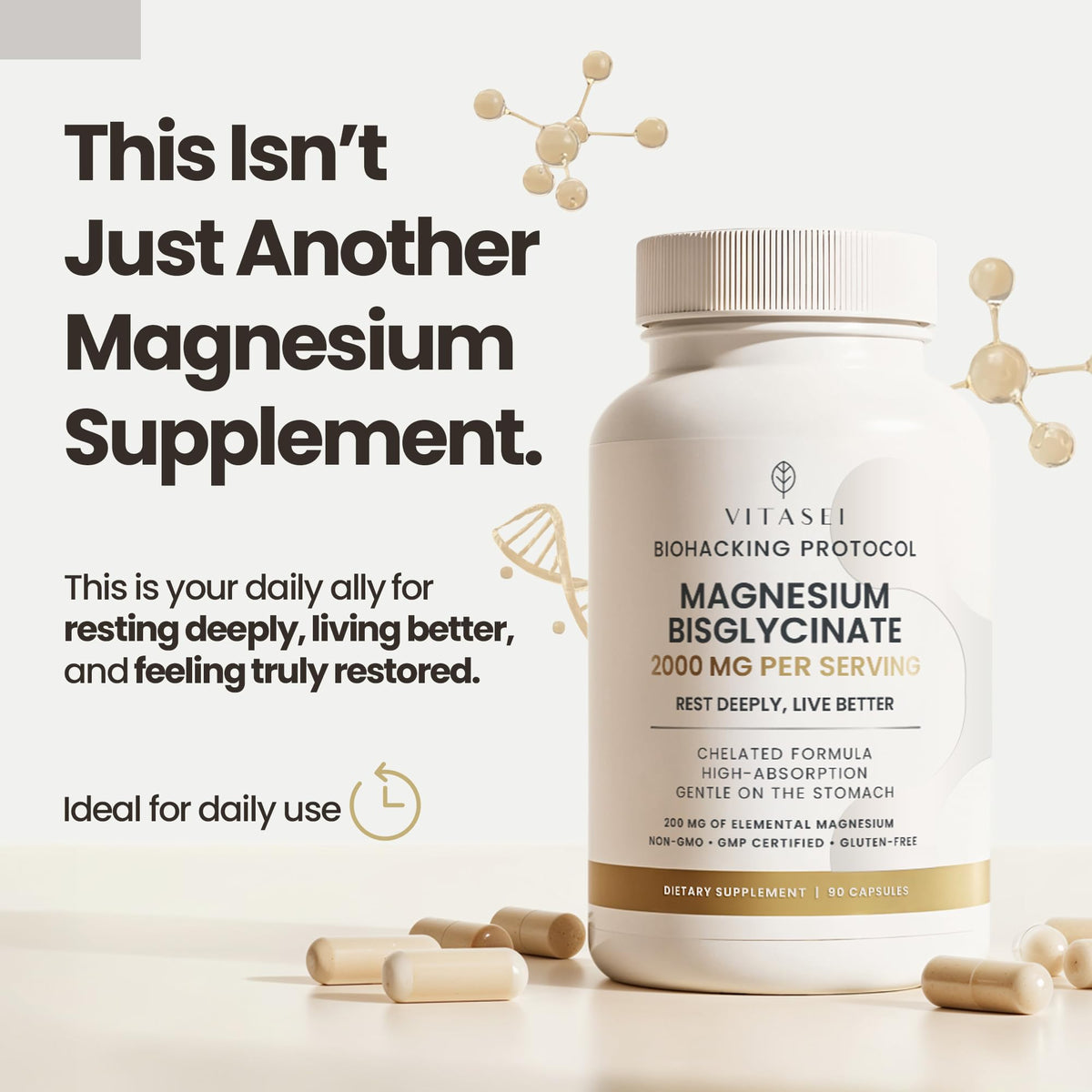 VITASEI Magnésium Bisglycinate 90 capsules avec étiquette