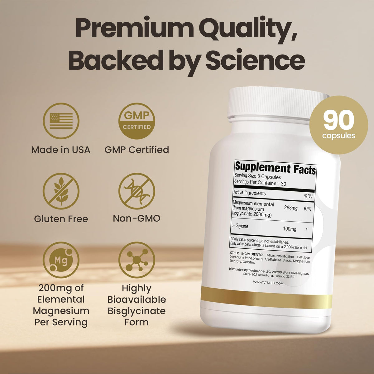 VITASEI Magnésium Bisglycinate 90 capsules avec ingrédients