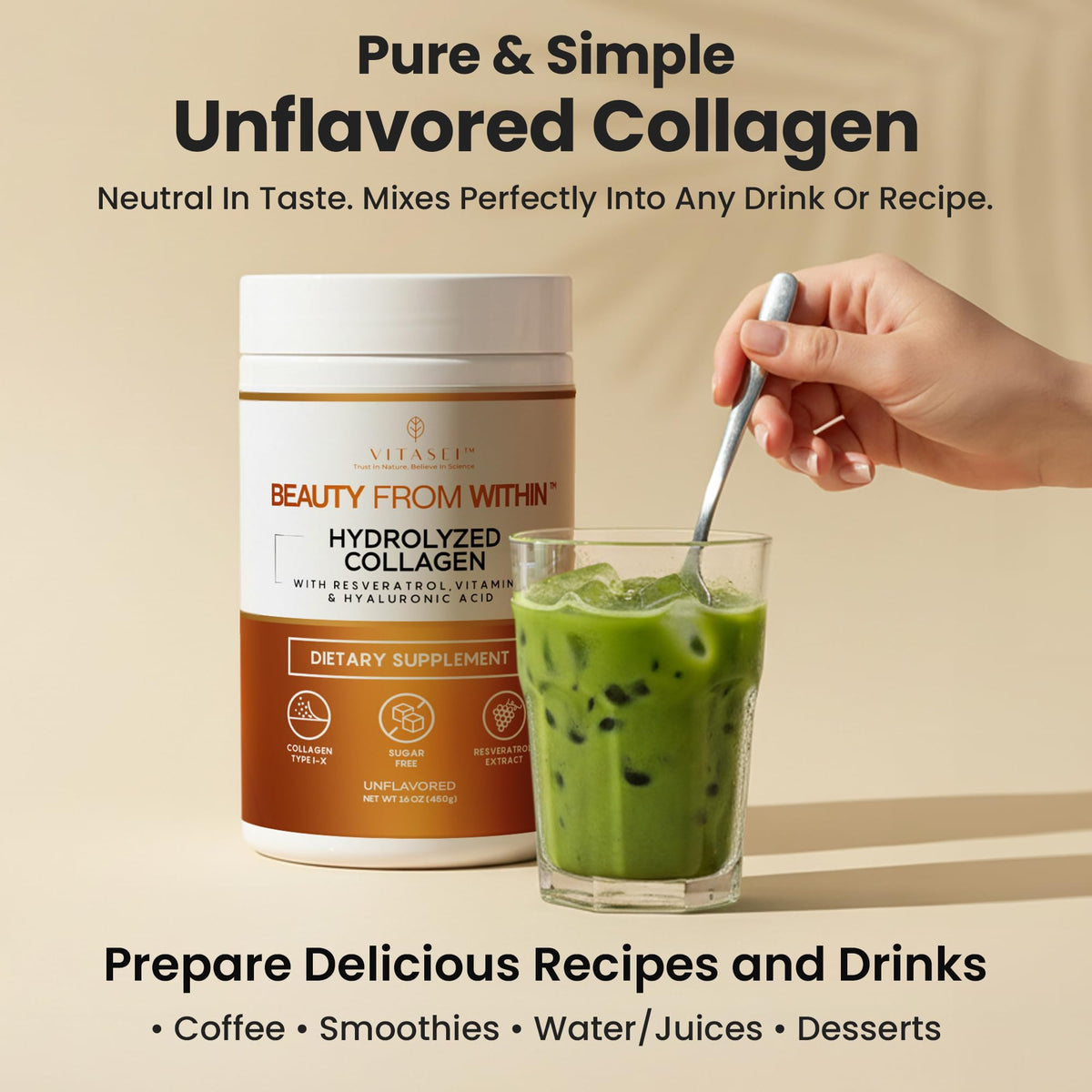 VITASEI Poudre de Collagène Hydrolysé 16oz en utilisation dans un smoothie