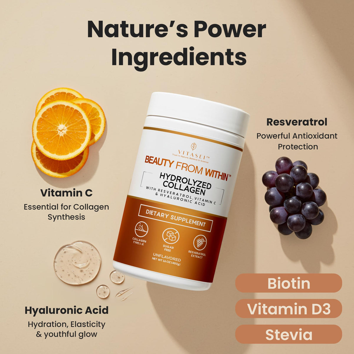 VITASEI Poudre de Collagène Hydrolysé 16oz sur une table avec des ingrédients