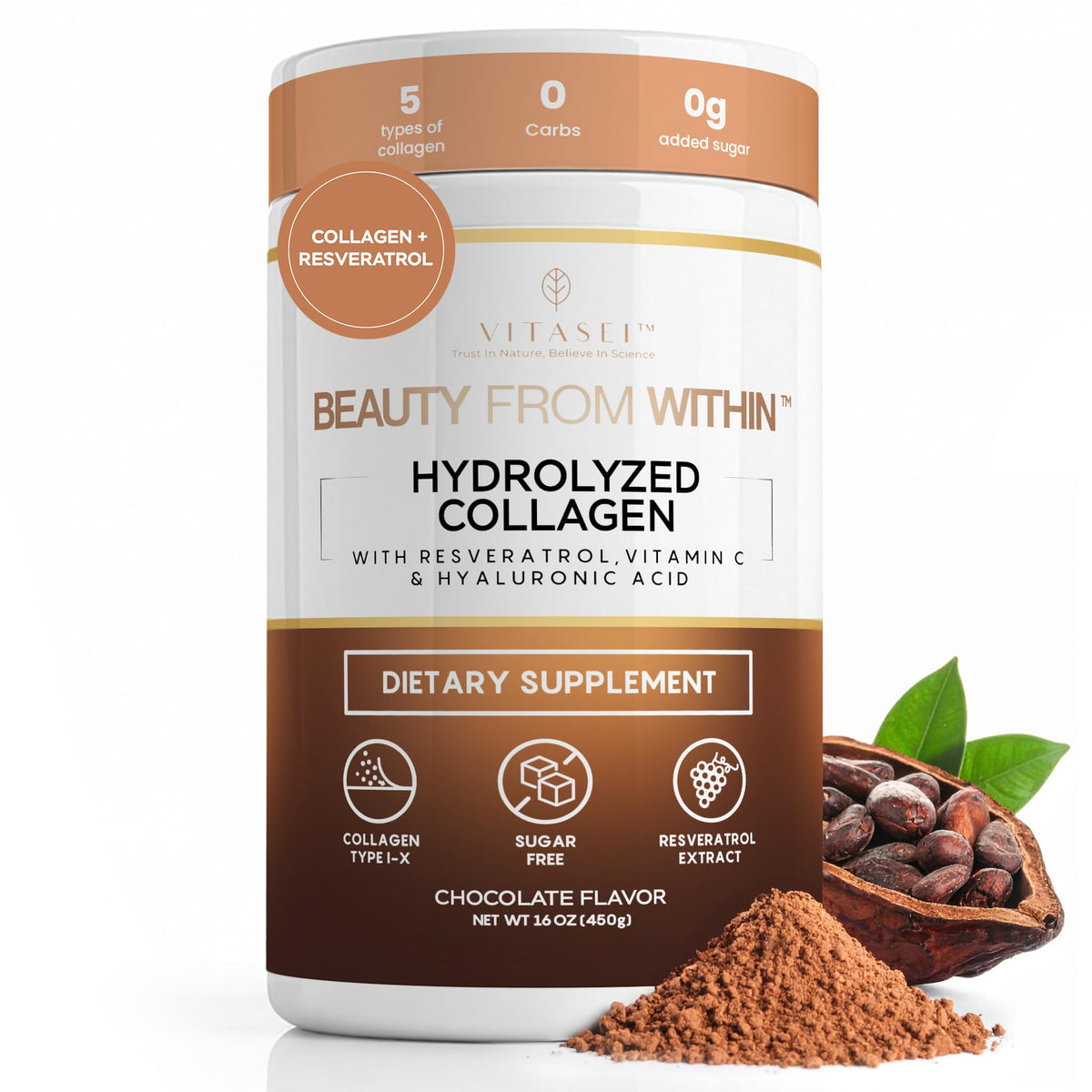 VITASEI Poudre de Collagène Hydrolysé au Chocolat 16oz vue avant