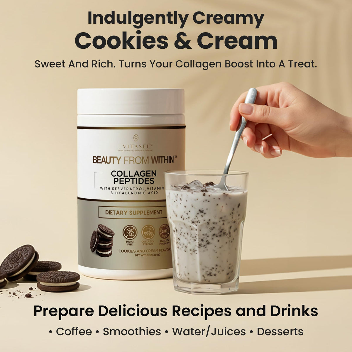 VITASEI Poudre de Collagène Hydrolysé Cookies & Cream en poudre dans un verre