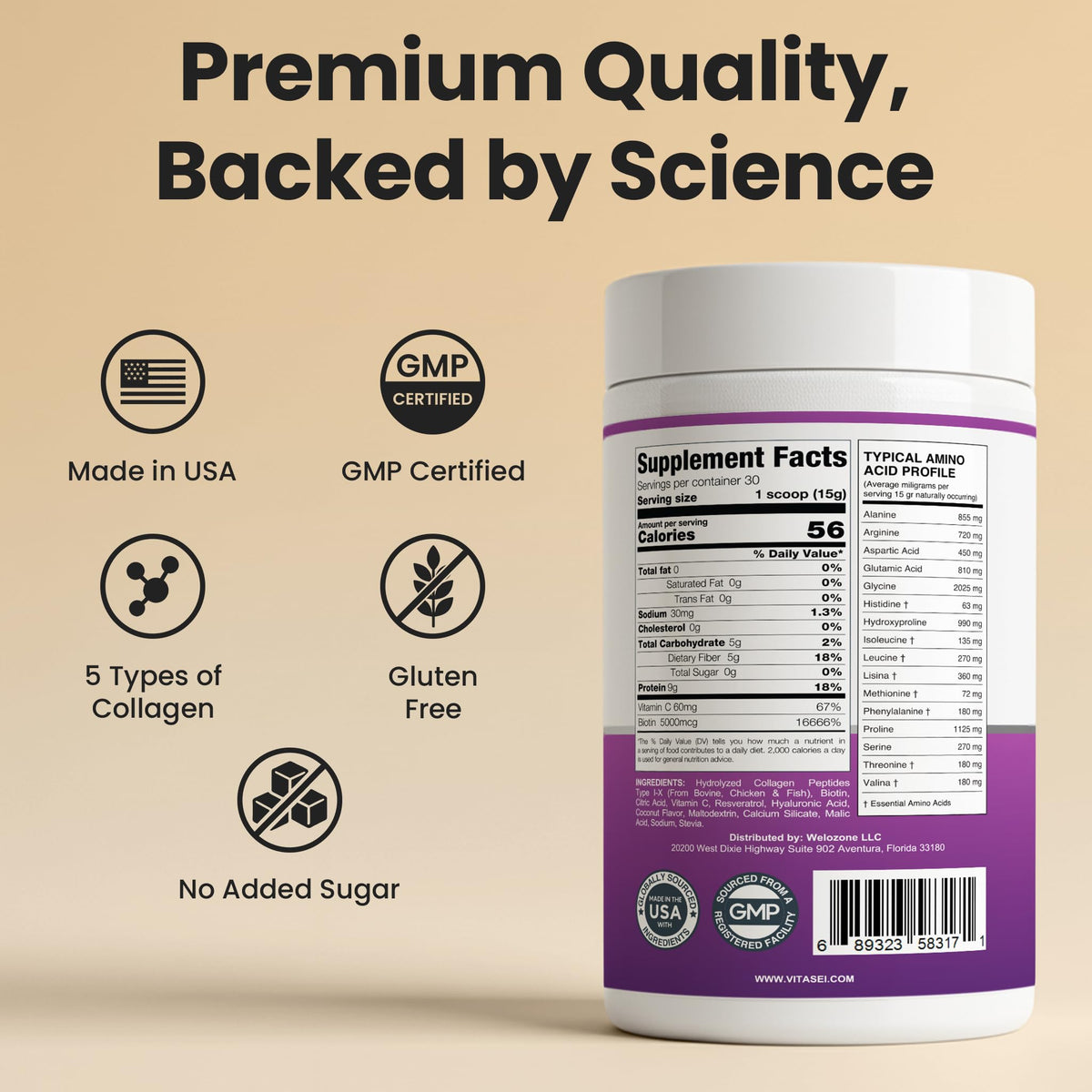 VITASEI Poudre de Collagène Hydrolysé Saveur Coco 590g dans un verre