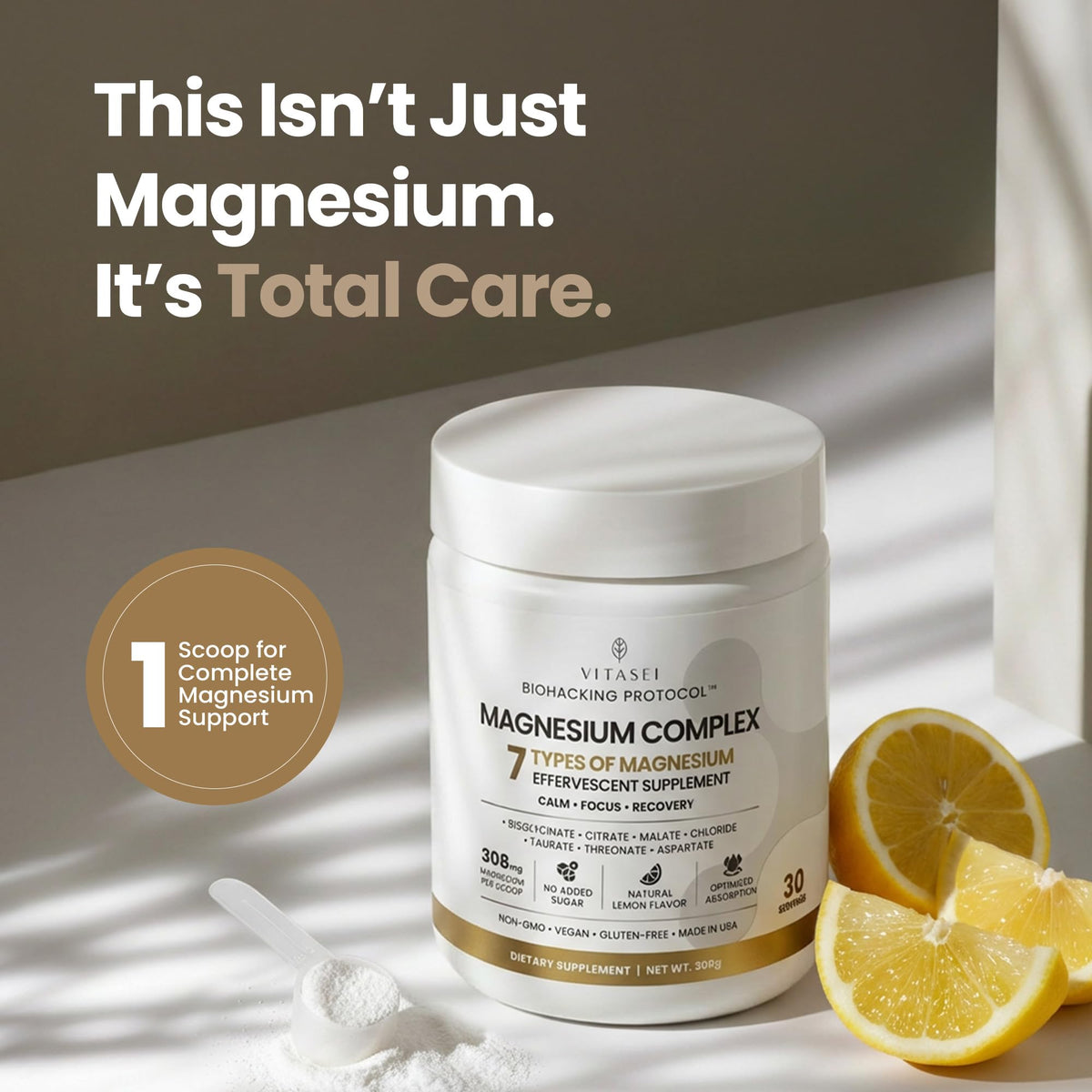 VITASEI Poudre de Magnésium Complexe Agrumes 300g avec cuillère