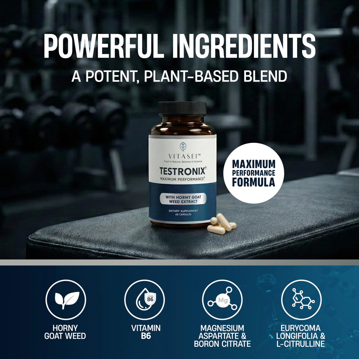 VITASEI Testronix 60 capsules à côté d'un verre d'eau