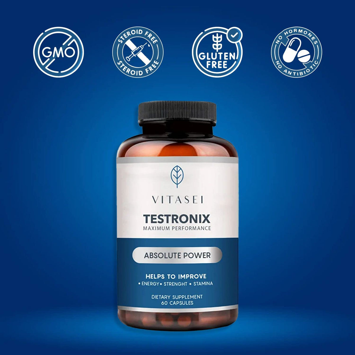 VITASEI Testronix 60 capsules avec ingrédients naturels en arrière-plan