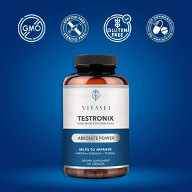 VITASEI Testronix 60 capsules avec ingrédients naturels en arrière-plan