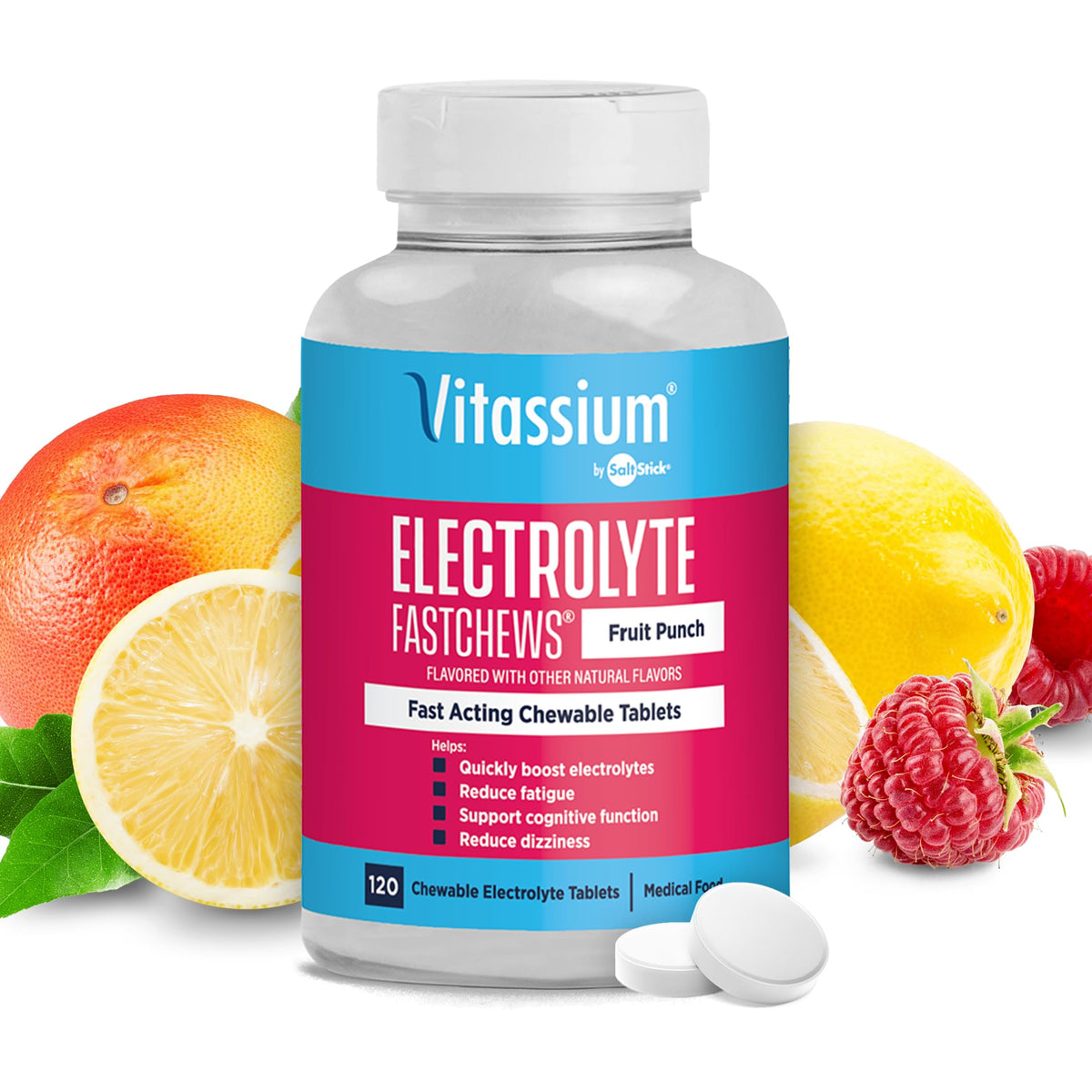 Vitassium FastChews 120 comprimés électrolytiques à mâcher, vue de face