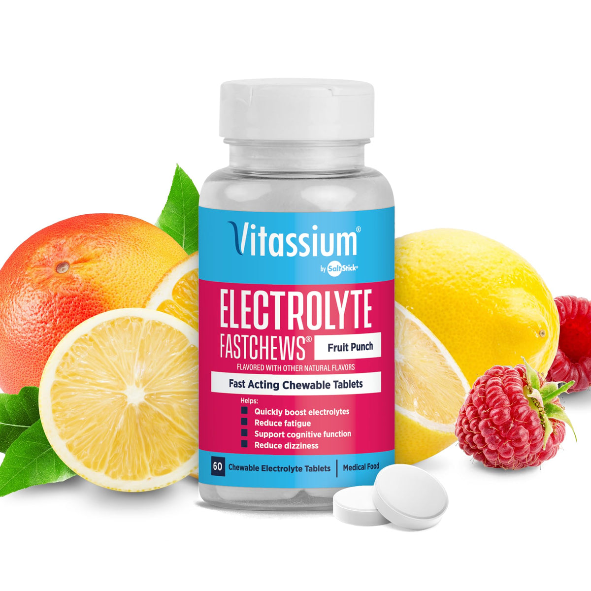 Vitassium FastChews emballage avant avec 60 tablettes électrolytes