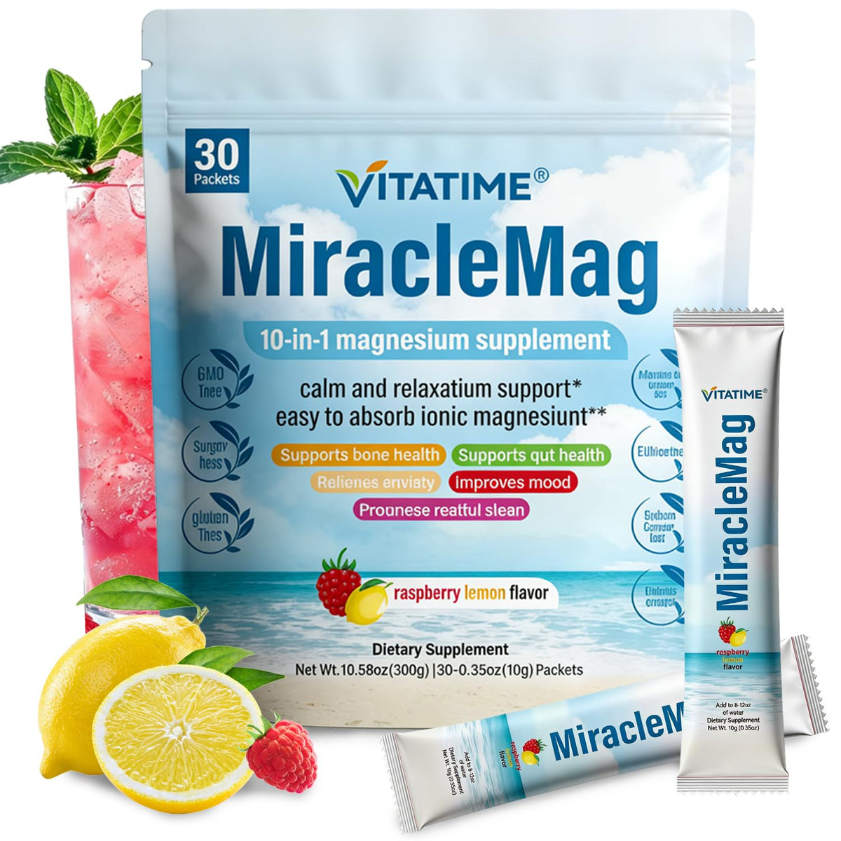VITATIME MiracleMag Poudre de Magnésium 10-en-1 Saveur Framboise Citron sachet