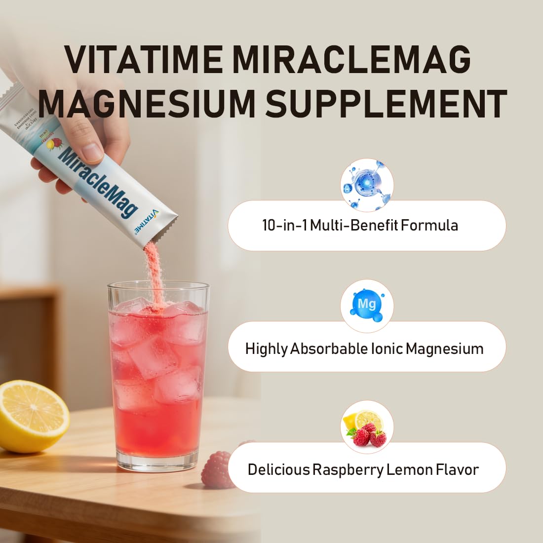 VITATIME MiracleMag Poudre de Magnésium 10-en-1 sur une table avec un verre