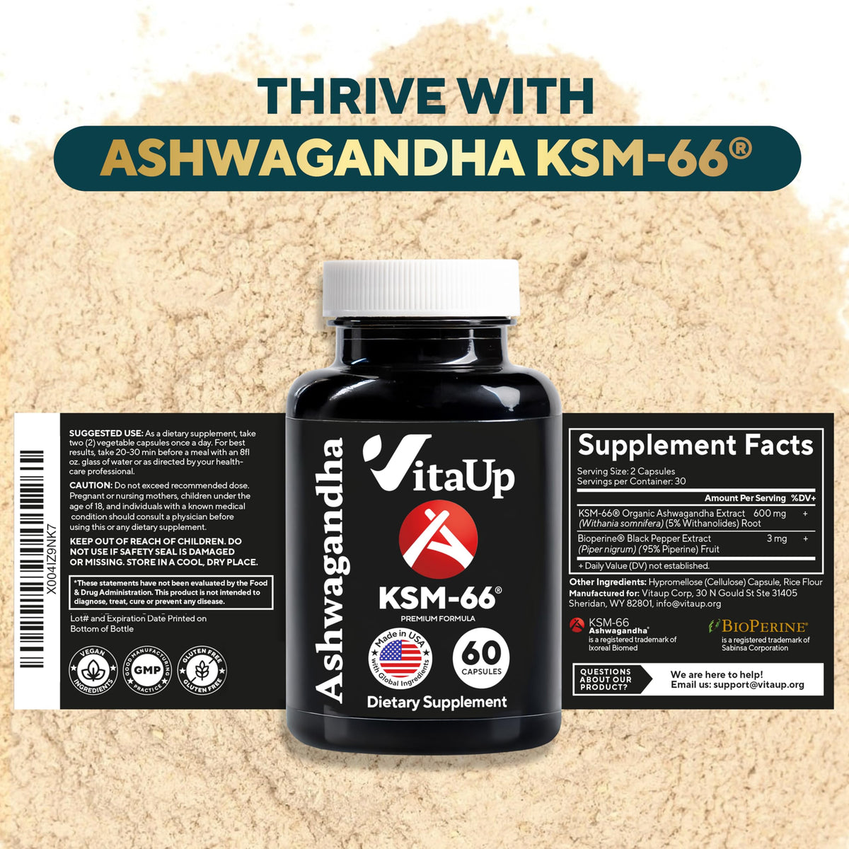 VitaUp Ashwagandha KSM 66 affiche ses ingrédients