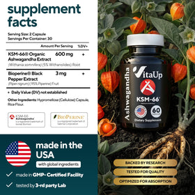 VitaUp Ashwagandha KSM-66 bouteille avec étiquette