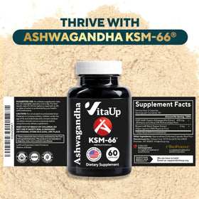 VitaUp Ashwagandha KSM-66 capsules sur une surface en bois