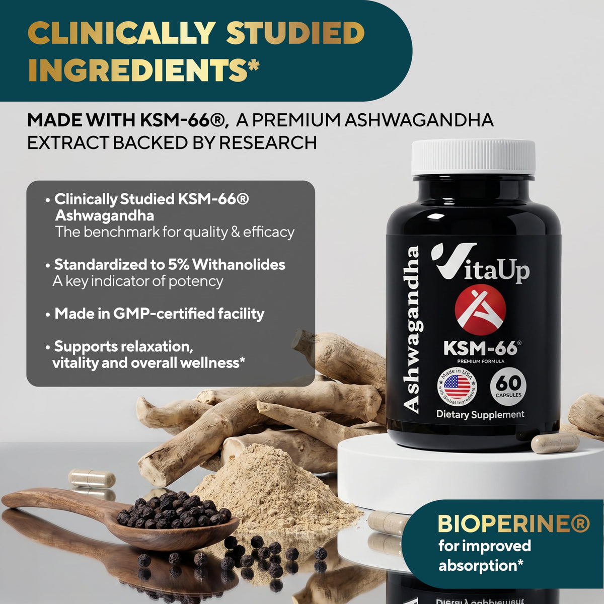 VitaUp Ashwagandha KSM 66 capsules sur une table
