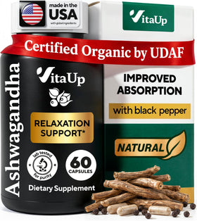 VitaUp Capsules d'Ashwagandha 1310mg avec Poivre Noir - vue de l'emballage
