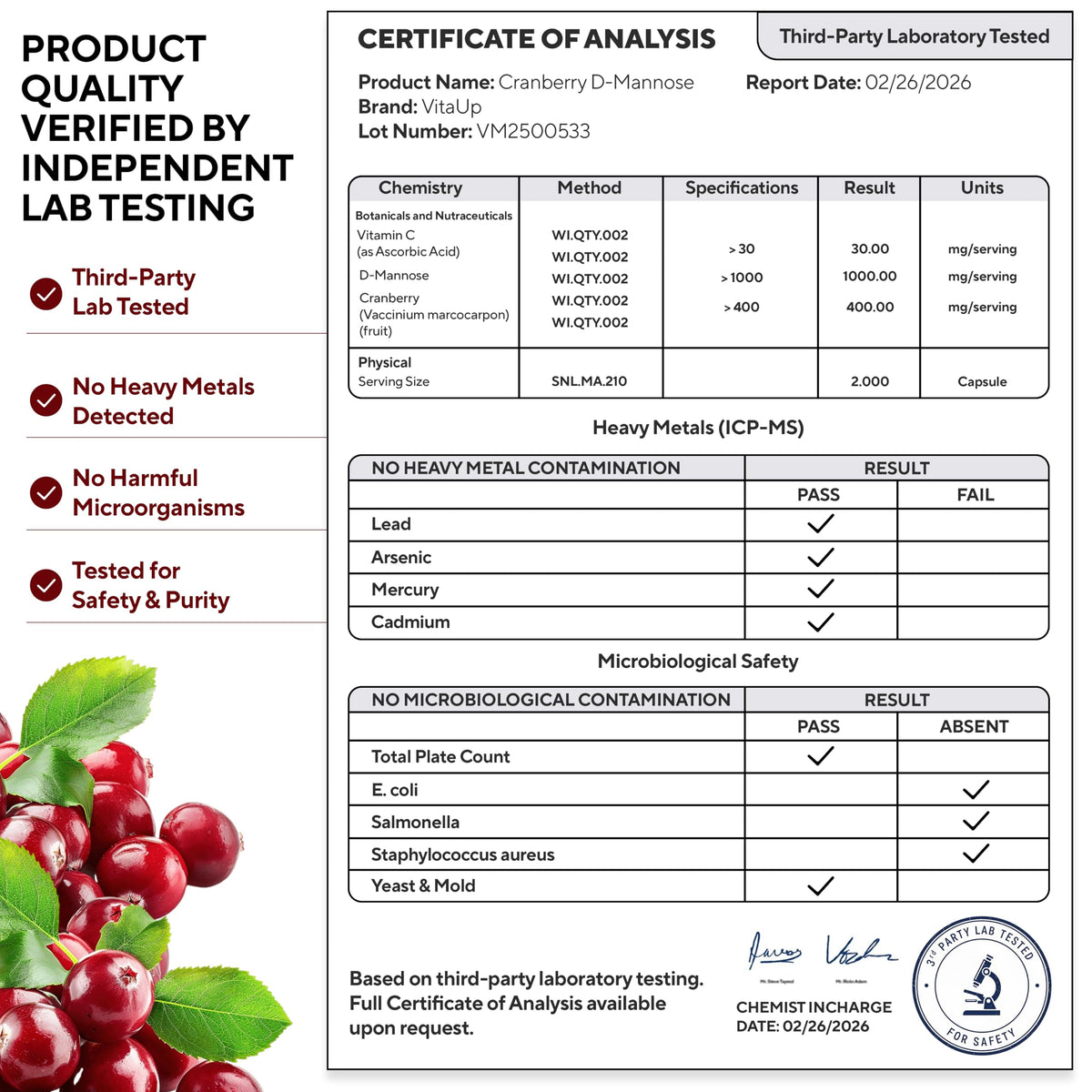 VitaUp D Mannose avec Cranberry capsules sur une table