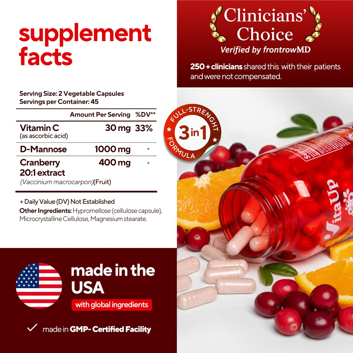 VitaUp D Mannose avec Cranberry capsules végétales sur fond blanc