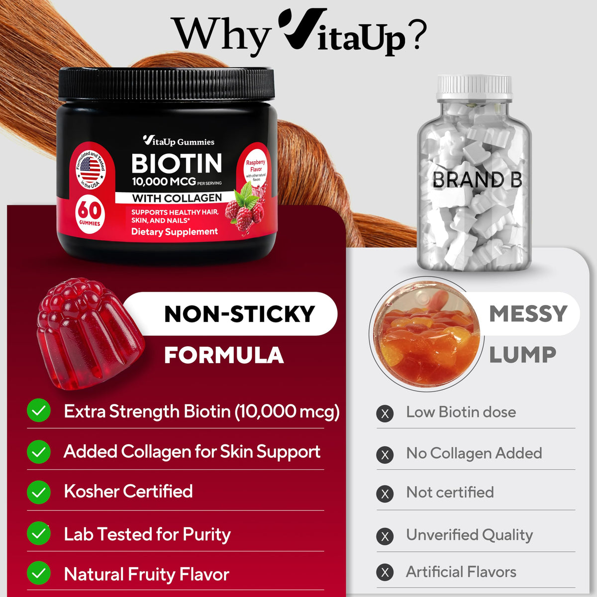 VitaUp Gummies Biotine 10000mcg dans une main avec des accessoires de beauté