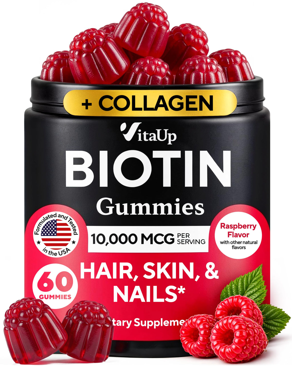 VitaUp Gummies Biotine 10000mcg flacon avec 60 gummies framboise