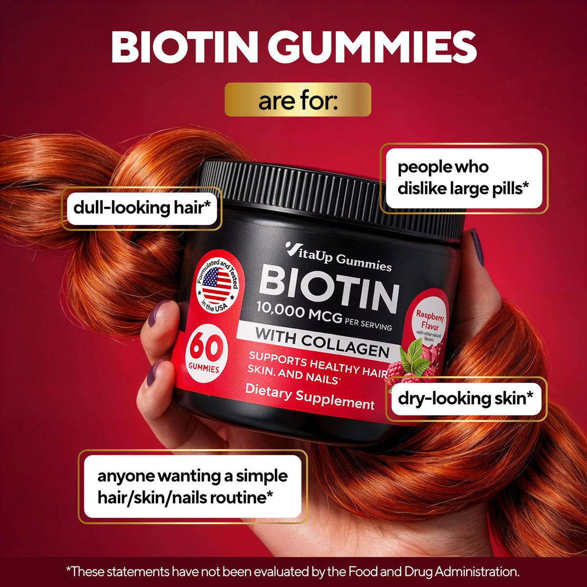 VitaUp Gummies Biotine 10000mcg montrant la taille des gummies