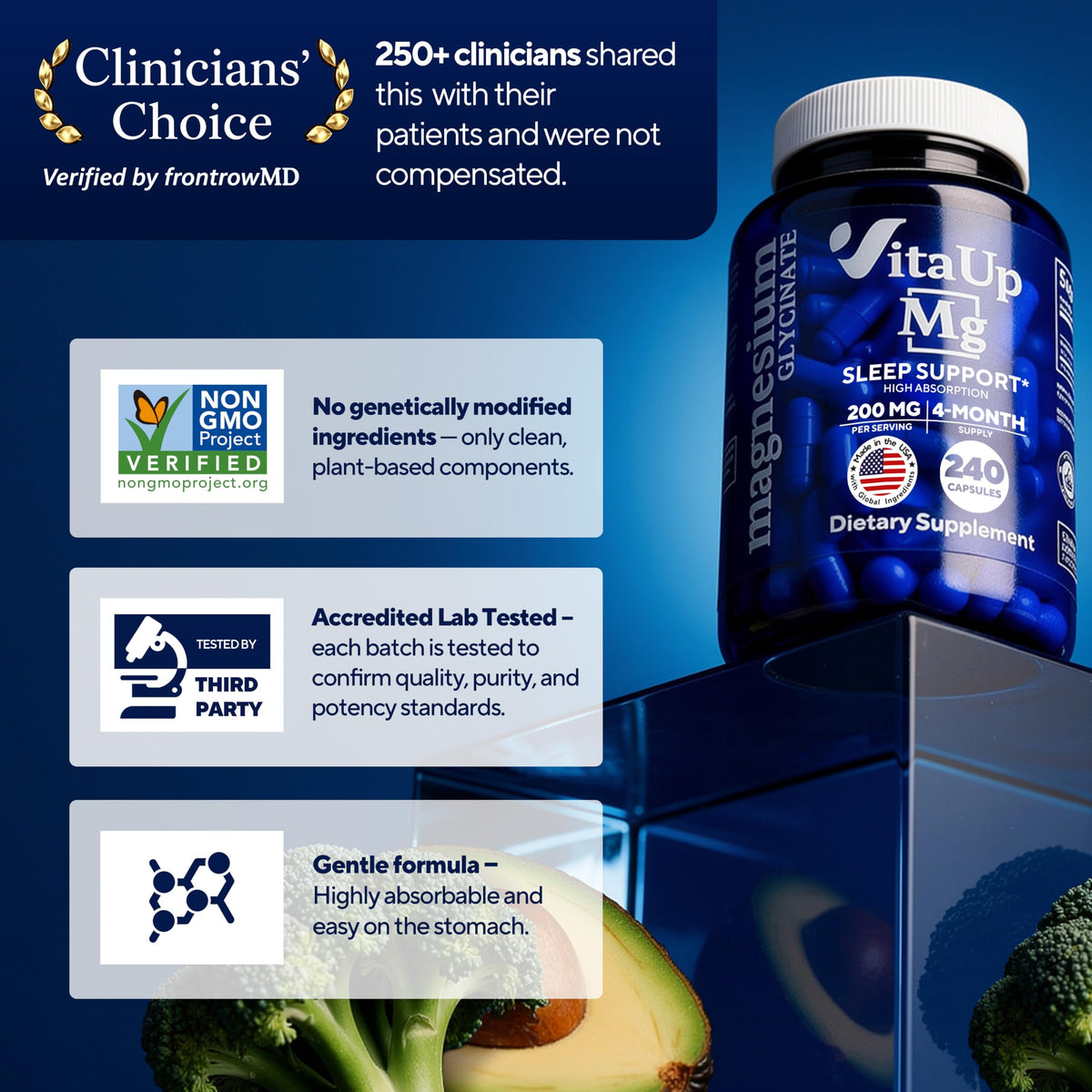 VitaUp Magnésium Glycinate 200mg boîte ouverte avec capsules