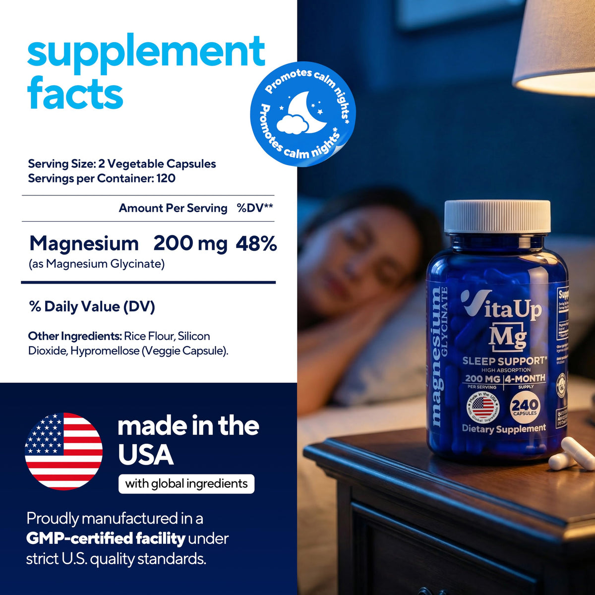 VitaUp Magnésium Glycinate 200mg capsules sur fond blanc
