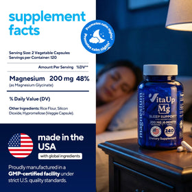 VitaUp Magnésium Glycinate 200mg capsules sur fond blanc