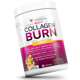 Vitauthority Multi Collagen Burn 408g sur une table avec shaker