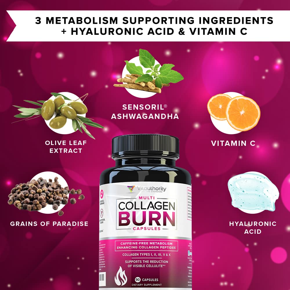 Vitauthority Multi Collagen Burn avec des éléments de mode de vie sain autour