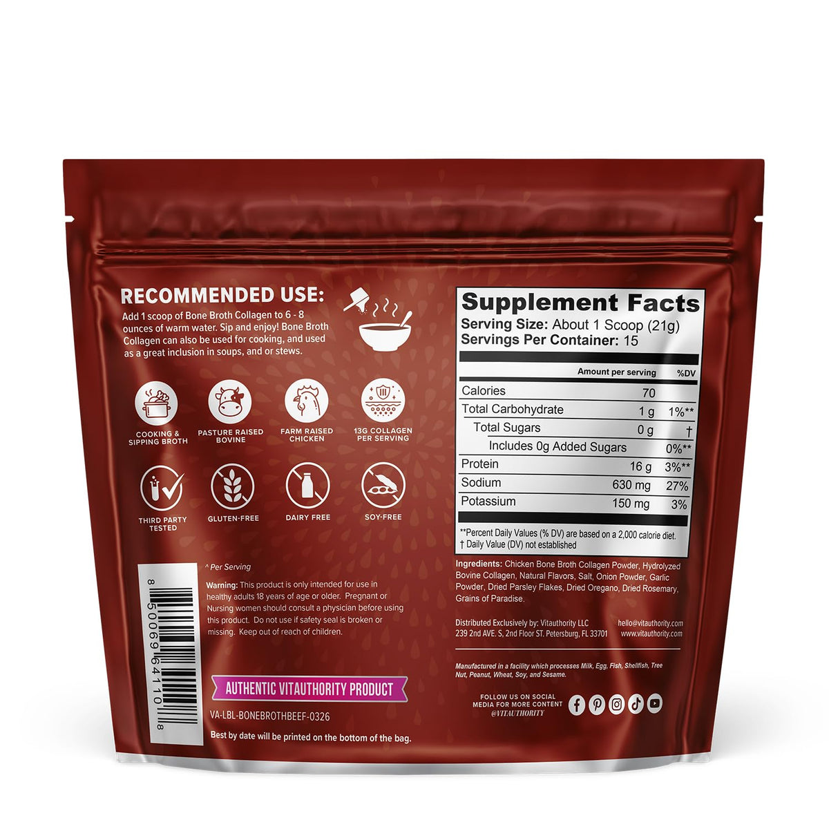 Vitauthority Poudre de Collagène Bouillon d'Os 16g vue latérale du produit