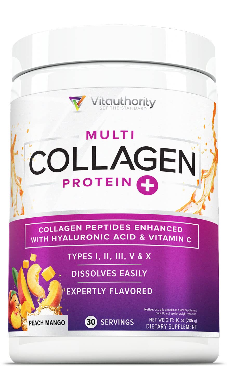 Vitauthority Poudre de Collagène Multi 372g saveur Pêche Mangue vue avant