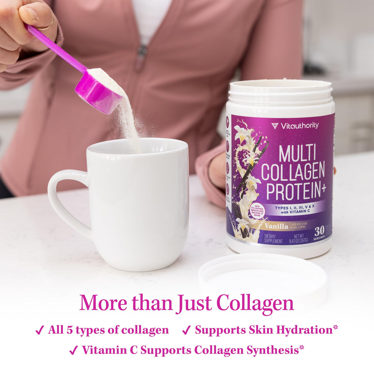 Vitauthority poudre de collagène multi pour femmes 358g sur un comptoir