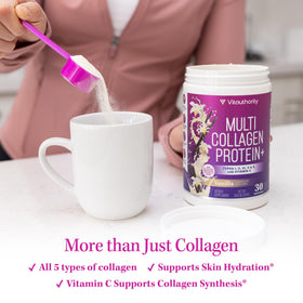 Vitauthority poudre de collagène multi pour femmes 358g sur un comptoir