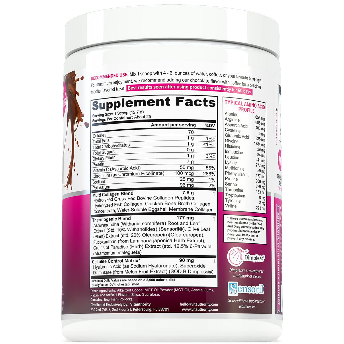 Vitauthority Poudre de Collagène Peptides 408g au chocolat, étiquette avec ingrédients