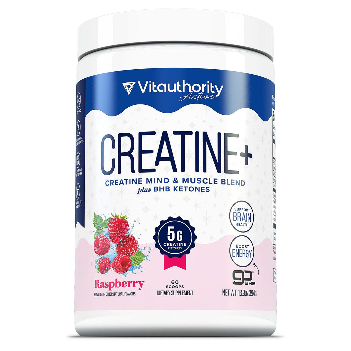 Vitauthority poudre de créatine monohydrate framboise 458g vue de face