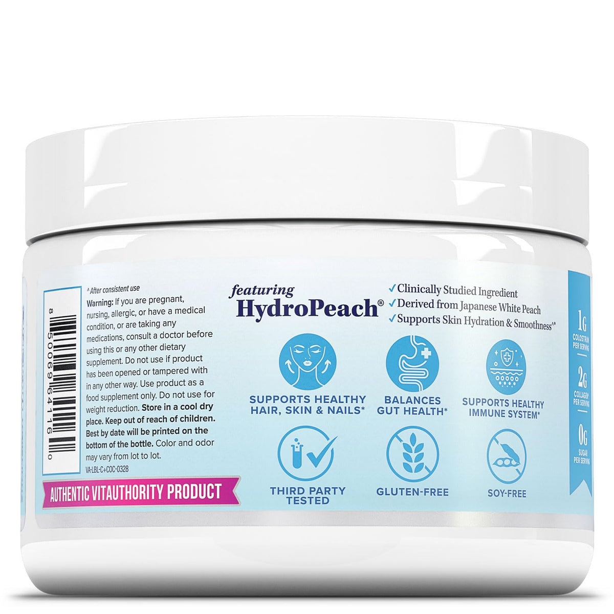 Vitauthority Poudre de Protéine de Collagène Hydrolysée 118g avec ingrédients sur une table