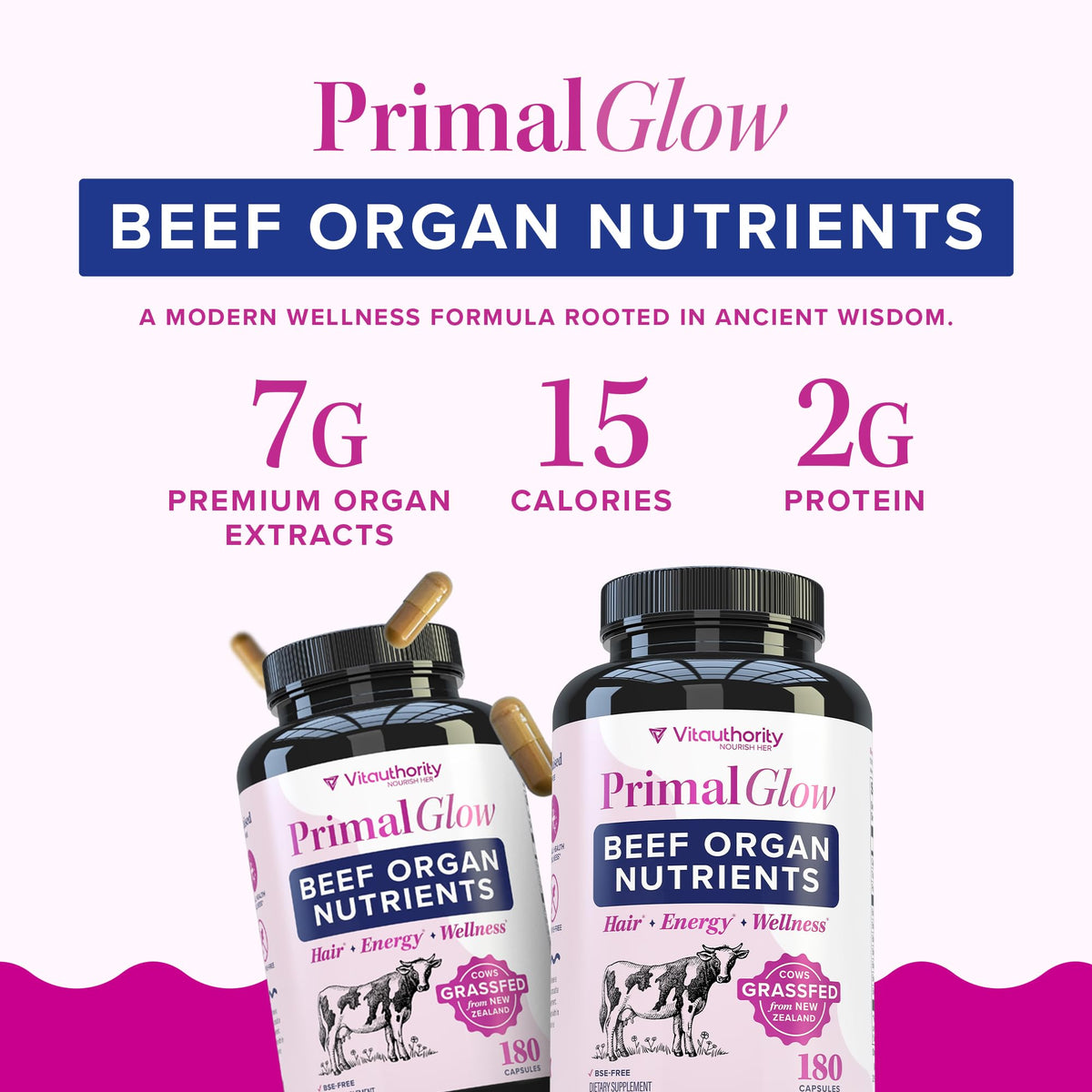 Vitauthority Primal Glow capsules à côté d'un verre d'eau