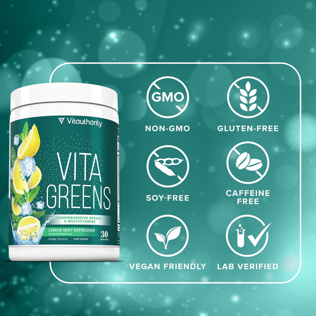 Vitauthority Vita Greens Poudre Superaliment 322g dans un verre d'eau