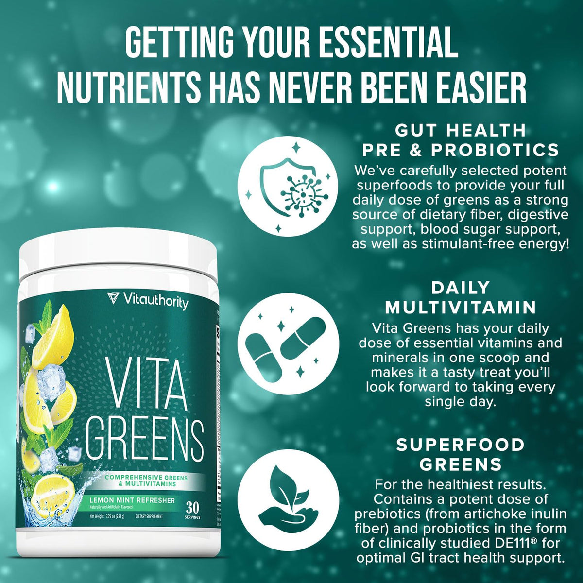 Vitauthority Vita Greens Poudre Superaliment 322g en gros plan sur l'emballage