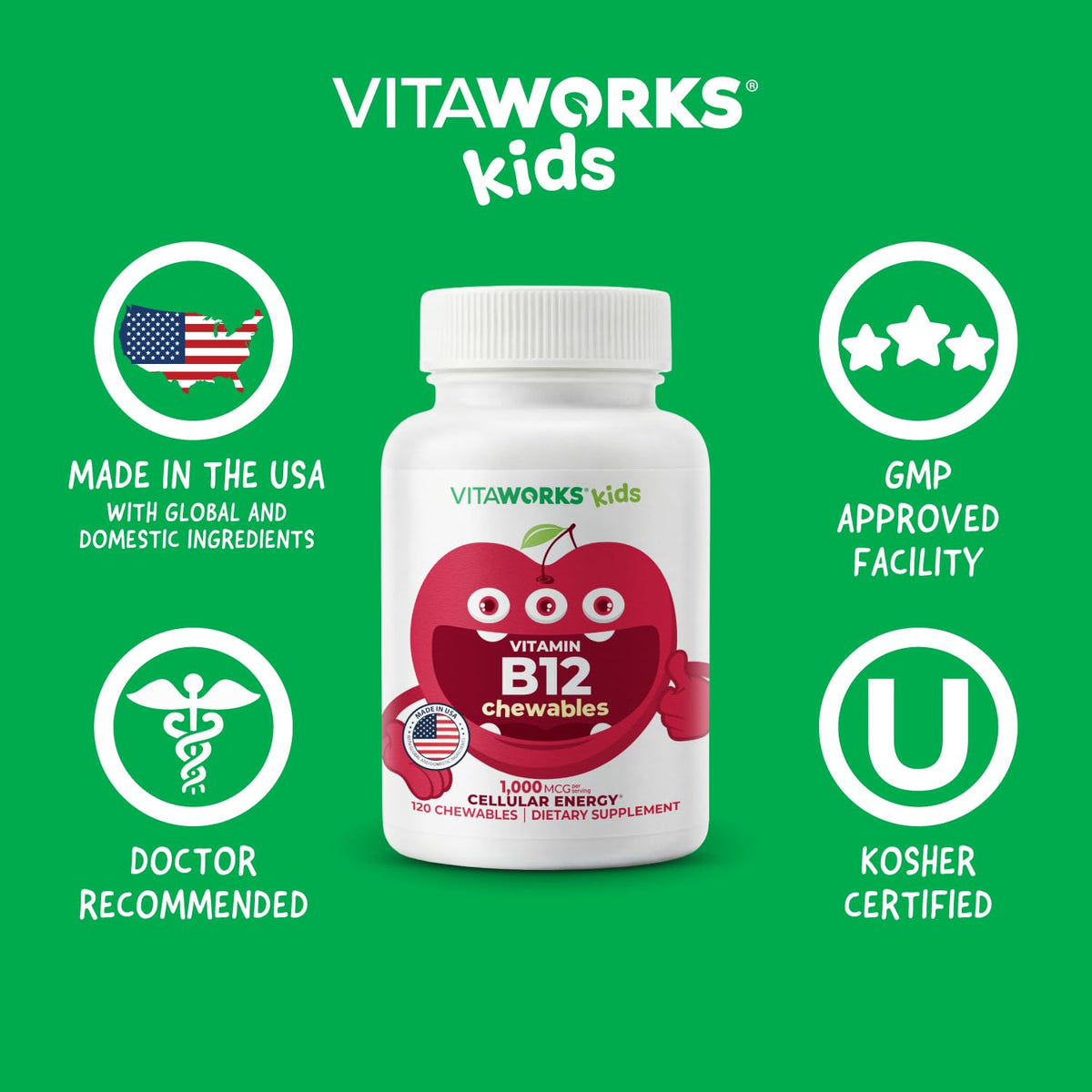 VitaWorks B12 Enfant 1000 mcg comprimés mâchables cerise avec des fruits