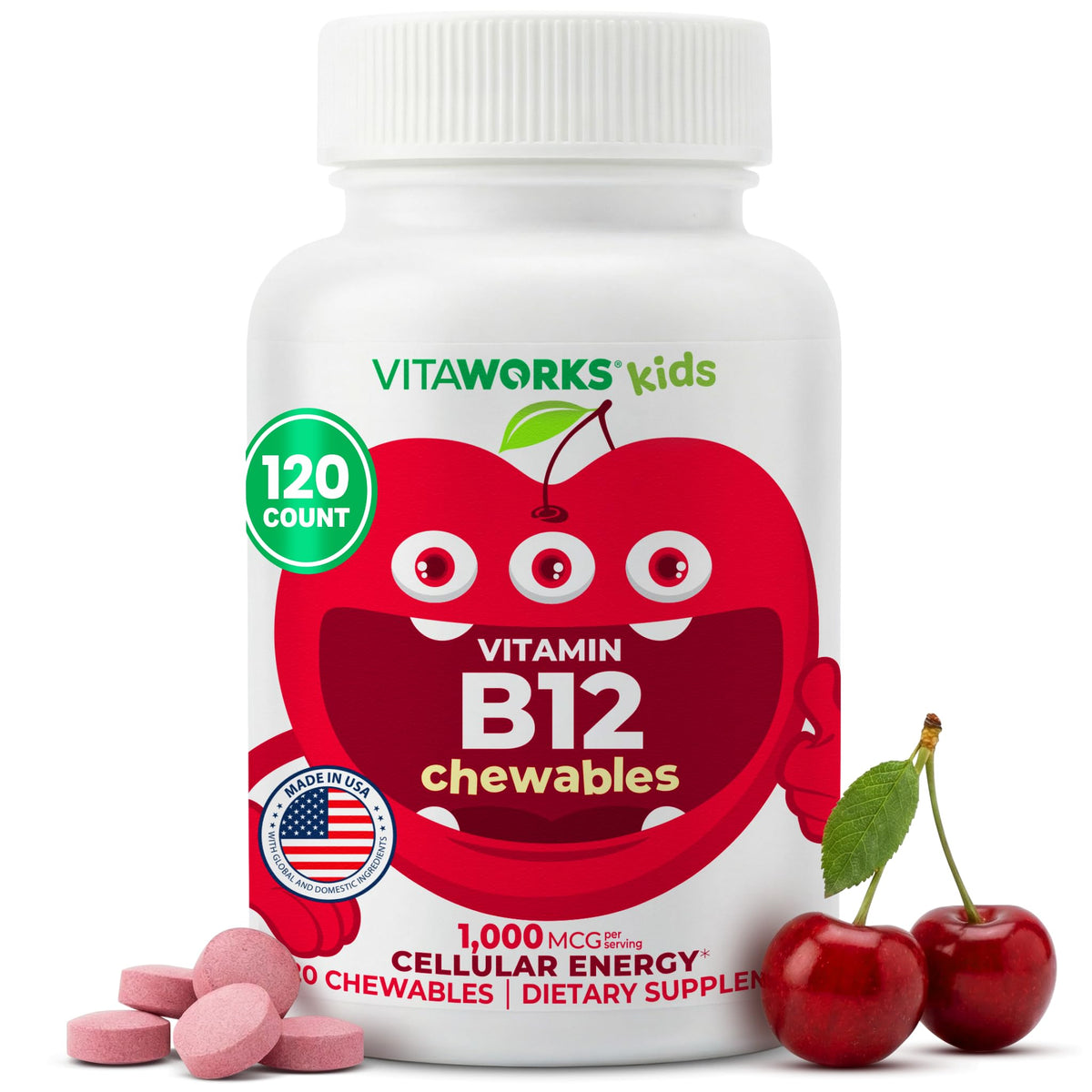 VitaWorks B12 Enfant 1000 mcg comprimés mâchables cerise vue de face